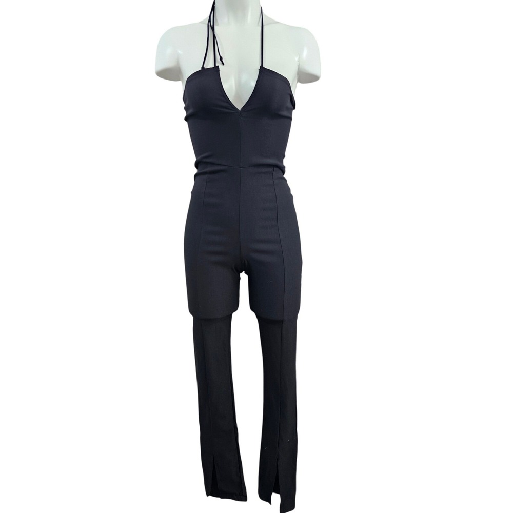 PrettyLittleThing Black Stretch Woven V Neck Halter Split Hem‎ Jumpsuit US 4 NEW